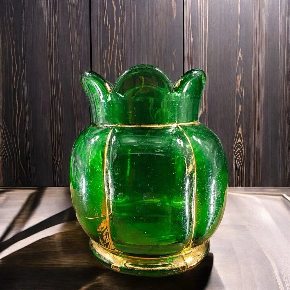Antique EAPG Riverside Glass Vase Vessel Hand Painted Gold Lines‎ Green Vase VTG